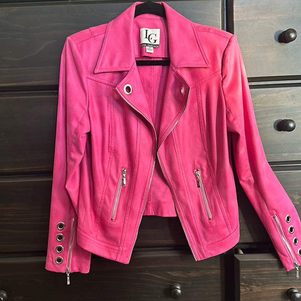NWOT Lena Gabrielle Vegan Pink Moto Jacket w Silver Hardware Open Front Coat 12